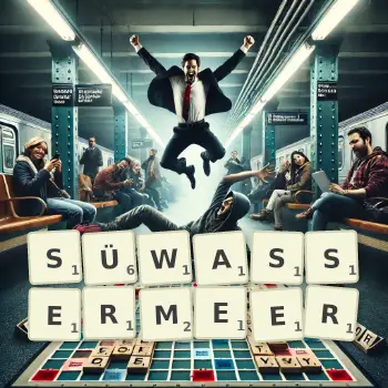 Kreative Illustration für ein Scrabble-Spiel, bei dem das Wort SÜWASSERMEER mit Steinen auf dem Brett gelegt wurde.