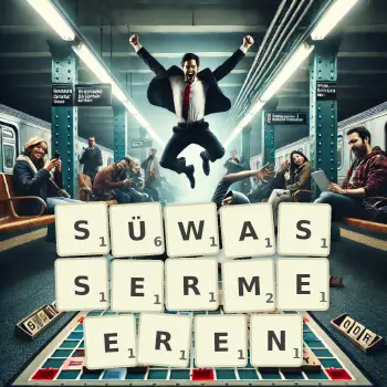 Kreative Illustration für ein Scrabble-Spiel, bei dem das Wort SÜWASSERMEEREN mit Steinen auf dem Brett gelegt wurde.