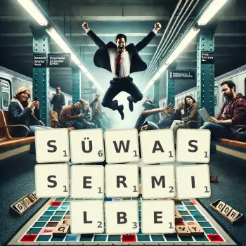 Kreative Illustration für ein Scrabble-Spiel, bei dem das Wort SÜWASSERMILBE mit Steinen auf dem Brett gelegt wurde.