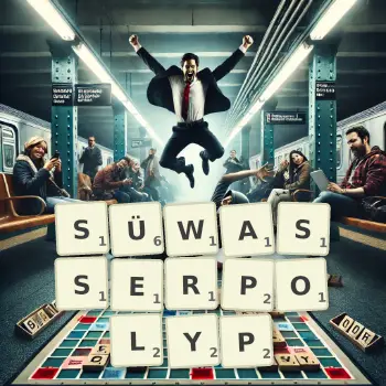 Kreative Illustration für ein Scrabble-Spiel, bei dem das Wort SÜWASSERPOLYP mit Steinen auf dem Brett gelegt wurde.