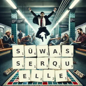 Kreative Illustration für ein Scrabble-Spiel, bei dem das Wort SÜWASSERQUELLE mit Steinen auf dem Brett gelegt wurde.