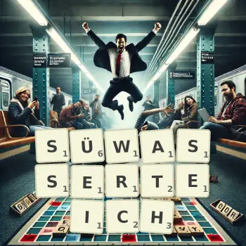 Kreative Illustration für ein Scrabble-Spiel, bei dem das Wort SÜWASSERTEICH mit Steinen auf dem Brett gelegt wurde.