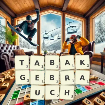 Kreative Illustration für ein Scrabble-Spiel, bei dem das Wort TABAKGEBRAUCH mit Steinen auf dem Brett gelegt wurde.