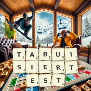 Kreative Illustration für ein Scrabble-Spiel, bei dem das Wort TABUISIERTEST mit Steinen auf dem Brett gelegt wurde.
