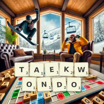 Kreative Illustration für ein Scrabble-Spiel, bei dem das Wort TAEKWONDO mit Steinen auf dem Brett gelegt wurde.