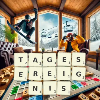 Kreative Illustration für ein Scrabble-Spiel, bei dem das Wort TAGESEREIGNIS mit Steinen auf dem Brett gelegt wurde.