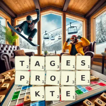 Kreative Illustration für ein Scrabble-Spiel, bei dem das Wort TAGESPROJEKTE mit Steinen auf dem Brett gelegt wurde.