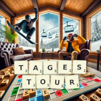 Kreative Illustration für ein Scrabble-Spiel, bei dem das Wort TAGESTOUR mit Steinen auf dem Brett gelegt wurde.