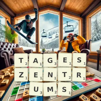 Kreative Illustration für ein Scrabble-Spiel, bei dem das Wort TAGESZENTRUMS mit Steinen auf dem Brett gelegt wurde.
