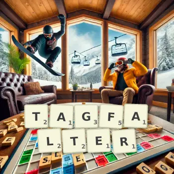 Kreative Illustration für ein Scrabble-Spiel, bei dem das Wort TAGFALTER mit Steinen auf dem Brett gelegt wurde.