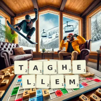 Kreative Illustration für ein Scrabble-Spiel, bei dem das Wort TAGHELLEM mit Steinen auf dem Brett gelegt wurde.