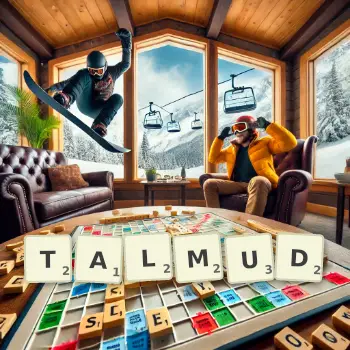 Kreative Illustration für ein Scrabble-Spiel, bei dem das Wort TALMUD mit Steinen auf dem Brett gelegt wurde.