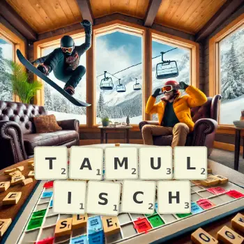 Kreative Illustration für ein Scrabble-Spiel, bei dem das Wort TAMULISCH mit Steinen auf dem Brett gelegt wurde.