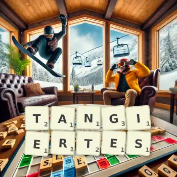 Kreative Illustration für ein Scrabble-Spiel, bei dem das Wort TANGIERTES mit Steinen auf dem Brett gelegt wurde.