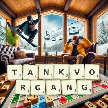 Kreative Illustration für ein Scrabble-Spiel, bei dem das Wort TANKVORGANG mit Steinen auf dem Brett gelegt wurde.