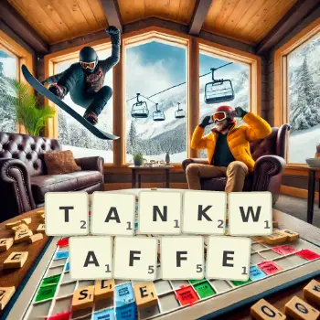 Kreative Illustration für ein Scrabble-Spiel, bei dem das Wort TANKWAFFE mit Steinen auf dem Brett gelegt wurde.