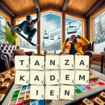 Kreative Illustration für ein Scrabble-Spiel, bei dem das Wort TANZAKADEMIEN mit Steinen auf dem Brett gelegt wurde.