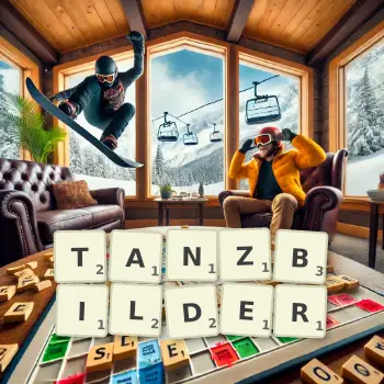 Kreative Illustration für ein Scrabble-Spiel, bei dem das Wort TANZBILDER mit Steinen auf dem Brett gelegt wurde.