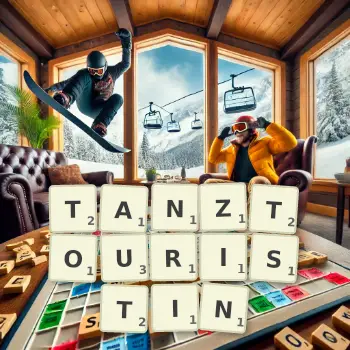 Kreative Illustration für ein Scrabble-Spiel, bei dem das Wort TANZTOURISTIN mit Steinen auf dem Brett gelegt wurde.