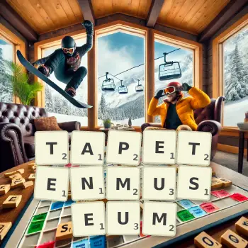 Kreative Illustration für ein Scrabble-Spiel, bei dem das Wort TAPETENMUSEUM mit Steinen auf dem Brett gelegt wurde.