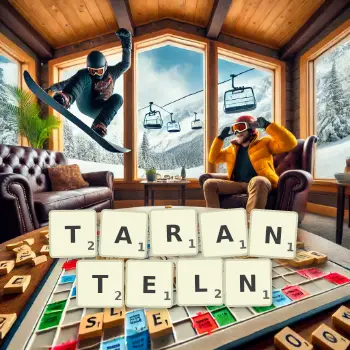 Kreative Illustration für ein Scrabble-Spiel, bei dem das Wort TARANTELN mit Steinen auf dem Brett gelegt wurde.