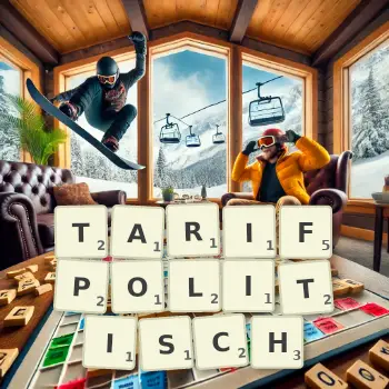 Kreative Illustration für ein Scrabble-Spiel, bei dem das Wort TARIFPOLITISCH mit Steinen auf dem Brett gelegt wurde.