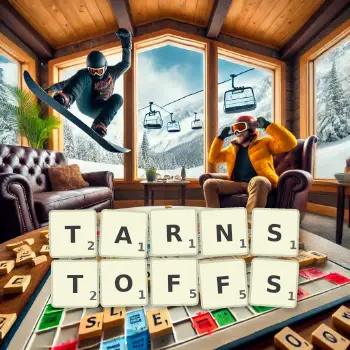Kreative Illustration für ein Scrabble-Spiel, bei dem das Wort TARNSTOFFS mit Steinen auf dem Brett gelegt wurde.