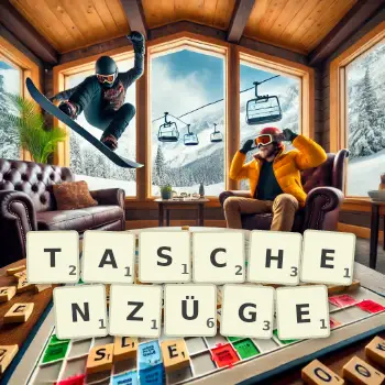 Kreative Illustration für ein Scrabble-Spiel, bei dem das Wort TASCHENZÜGE mit Steinen auf dem Brett gelegt wurde.