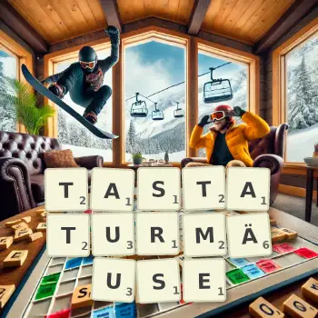 Kreative Illustration für ein Scrabble-Spiel, bei dem das Wort TASTATURMÄUSE mit Steinen auf dem Brett gelegt wurde.