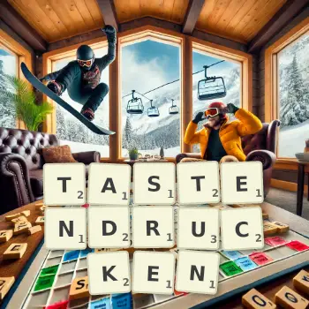 Kreative Illustration für ein Scrabble-Spiel, bei dem das Wort TASTENDRUCKEN mit Steinen auf dem Brett gelegt wurde.