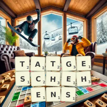 Kreative Illustration für ein Scrabble-Spiel, bei dem das Wort TATGESCHEHENS mit Steinen auf dem Brett gelegt wurde.