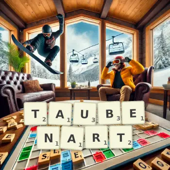 Kreative Illustration für ein Scrabble-Spiel, bei dem das Wort TAUBENART mit Steinen auf dem Brett gelegt wurde.