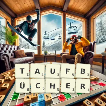 Kreative Illustration für ein Scrabble-Spiel, bei dem das Wort TAUFBÜCHER mit Steinen auf dem Brett gelegt wurde.