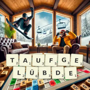 Kreative Illustration für ein Scrabble-Spiel, bei dem das Wort TAUFGELÜBDE mit Steinen auf dem Brett gelegt wurde.