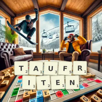 Kreative Illustration für ein Scrabble-Spiel, bei dem das Wort TAUFRITEN mit Steinen auf dem Brett gelegt wurde.