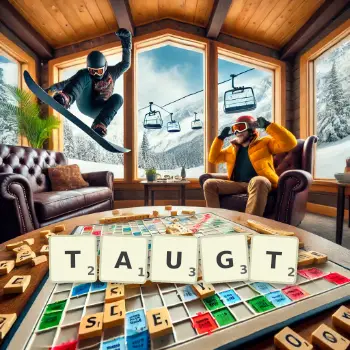 Kreative Illustration für ein Scrabble-Spiel, bei dem das Wort TAUGT mit Steinen auf dem Brett gelegt wurde.