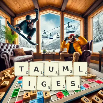 Kreative Illustration für ein Scrabble-Spiel, bei dem das Wort TAUMLIGES mit Steinen auf dem Brett gelegt wurde.