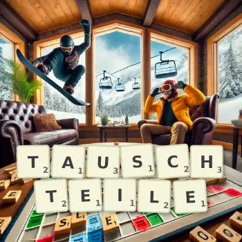 Kreative Illustration für ein Scrabble-Spiel, bei dem das Wort TAUSCHTEILE mit Steinen auf dem Brett gelegt wurde.