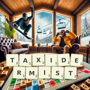 Kreative Illustration für ein Scrabble-Spiel, bei dem das Wort TAXIDERMIST mit Steinen auf dem Brett gelegt wurde.