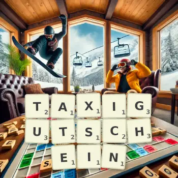 Kreative Illustration für ein Scrabble-Spiel, bei dem das Wort TAXIGUTSCHEIN mit Steinen auf dem Brett gelegt wurde.