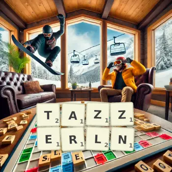 Kreative Illustration für ein Scrabble-Spiel, bei dem das Wort TAZZERLN mit Steinen auf dem Brett gelegt wurde.