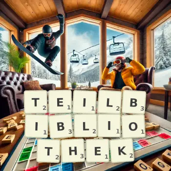 Kreative Illustration für ein Scrabble-Spiel, bei dem das Wort TEILBIBLIOTHEK mit Steinen auf dem Brett gelegt wurde.