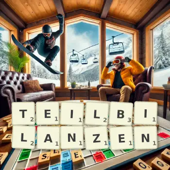Kreative Illustration für ein Scrabble-Spiel, bei dem das Wort TEILBILANZEN mit Steinen auf dem Brett gelegt wurde.