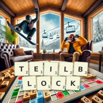 Kreative Illustration für ein Scrabble-Spiel, bei dem das Wort TEILBLOCK mit Steinen auf dem Brett gelegt wurde.