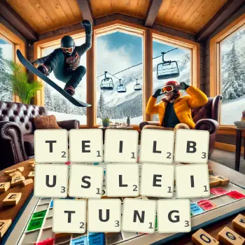 Kreative Illustration für ein Scrabble-Spiel, bei dem das Wort TEILBUSLEITUNG mit Steinen auf dem Brett gelegt wurde.