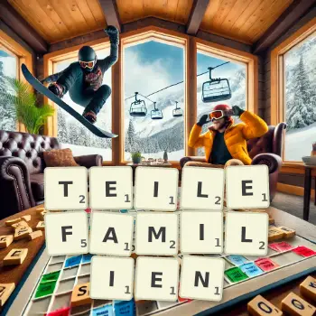 Kreative Illustration für ein Scrabble-Spiel, bei dem das Wort TEILEFAMILIEN mit Steinen auf dem Brett gelegt wurde.