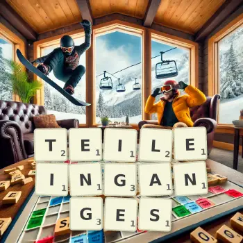 Kreative Illustration für ein Scrabble-Spiel, bei dem das Wort TEILEINGANGES mit Steinen auf dem Brett gelegt wurde.