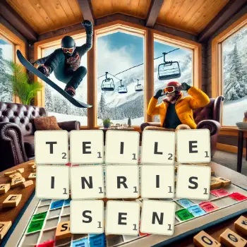 Kreative Illustration für ein Scrabble-Spiel, bei dem das Wort TEILEINRISSEN mit Steinen auf dem Brett gelegt wurde.