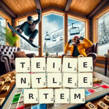 Kreative Illustration für ein Scrabble-Spiel, bei dem das Wort TEILENTLEERTEM mit Steinen auf dem Brett gelegt wurde.