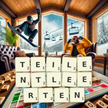Kreative Illustration für ein Scrabble-Spiel, bei dem das Wort TEILENTLEERTEN mit Steinen auf dem Brett gelegt wurde.
